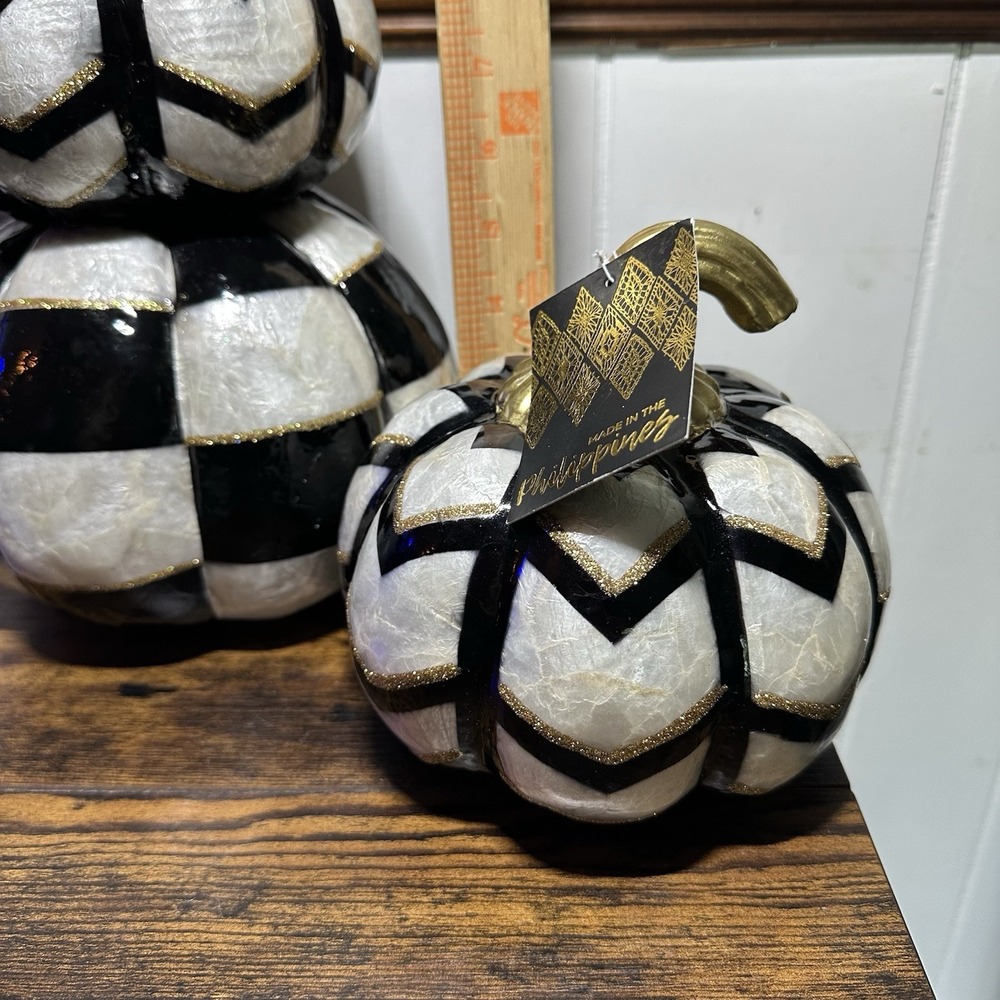 2 Black White Checkered Stacked Pumpkins Gold Stems Halloween Fall Topiary New - Picture 6 of 11